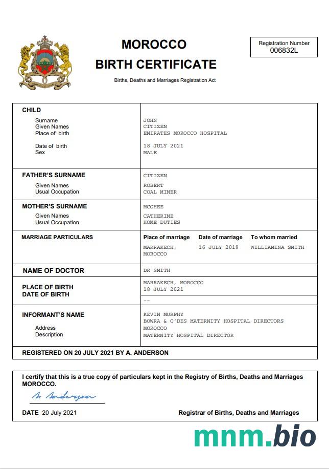 Morocco rekord życiowy narodziny certyfikat Word i PDF szablon